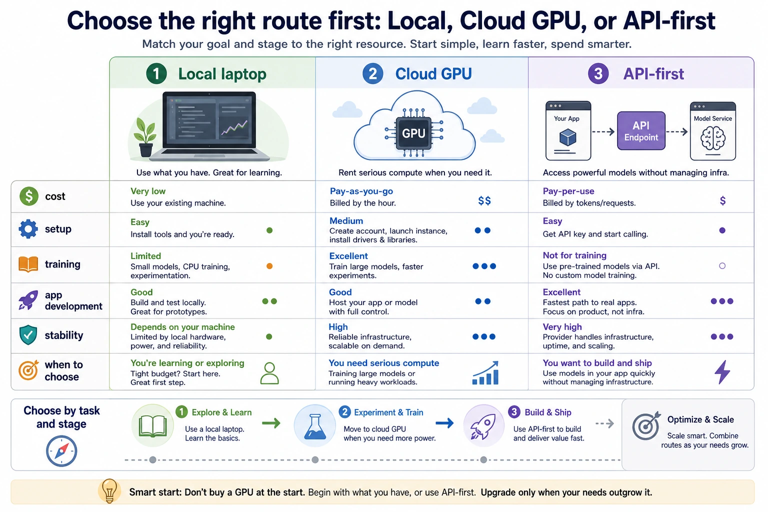 Cost comparison chart for local, cloud, and API approaches