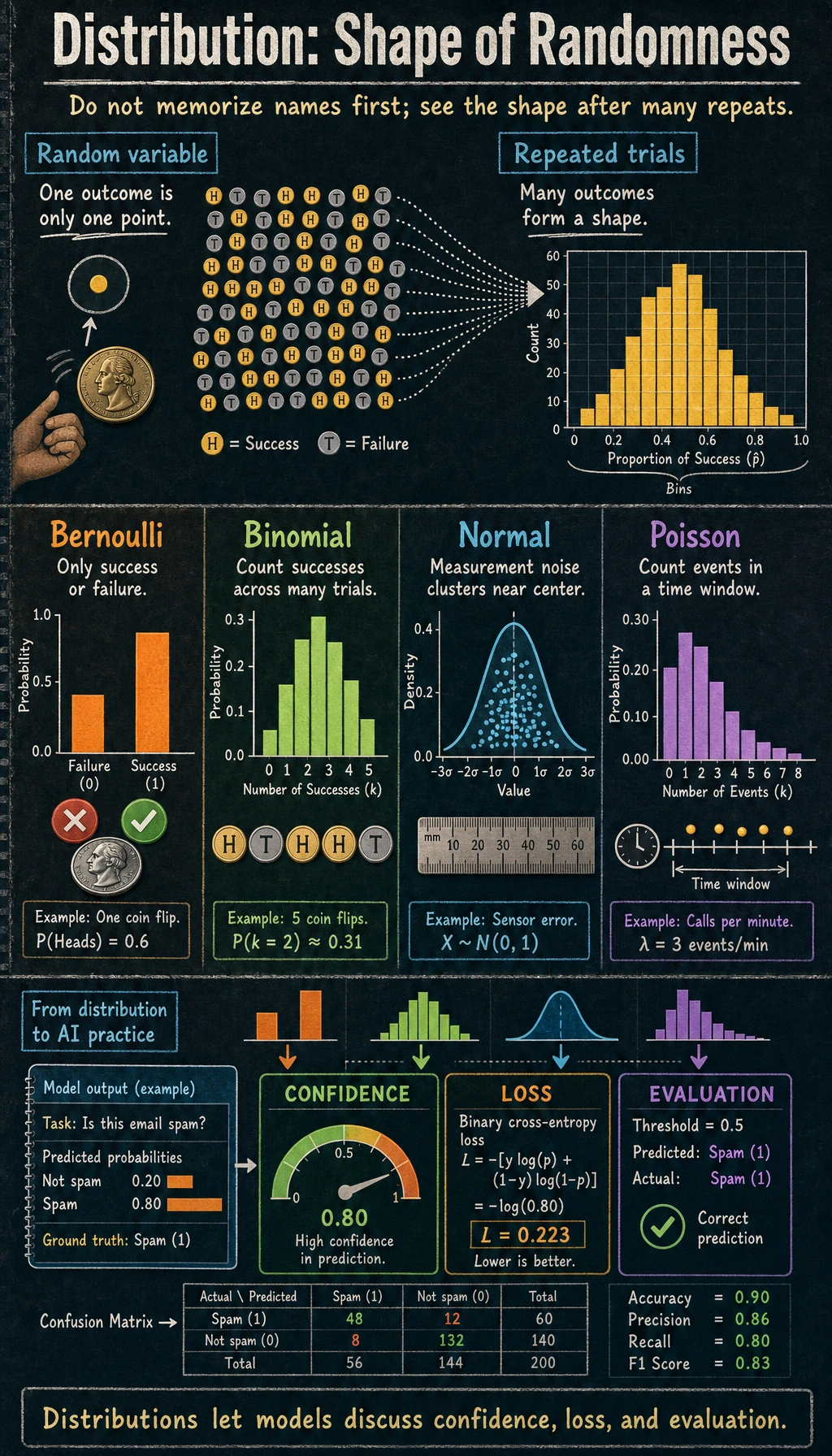 Map of random phenomena for probability distributions