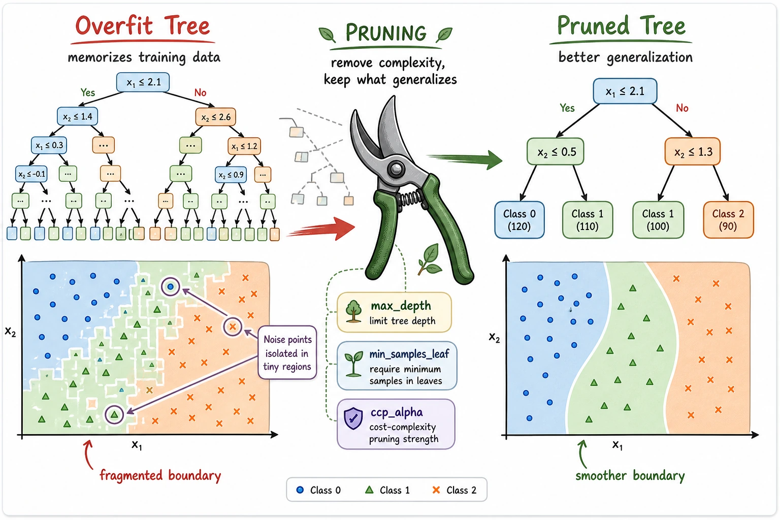 Decision tree overfitting and pruning diagram