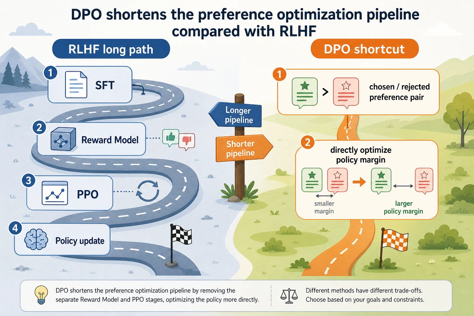 Preference optimization shortcut of DPO compared with RLHF