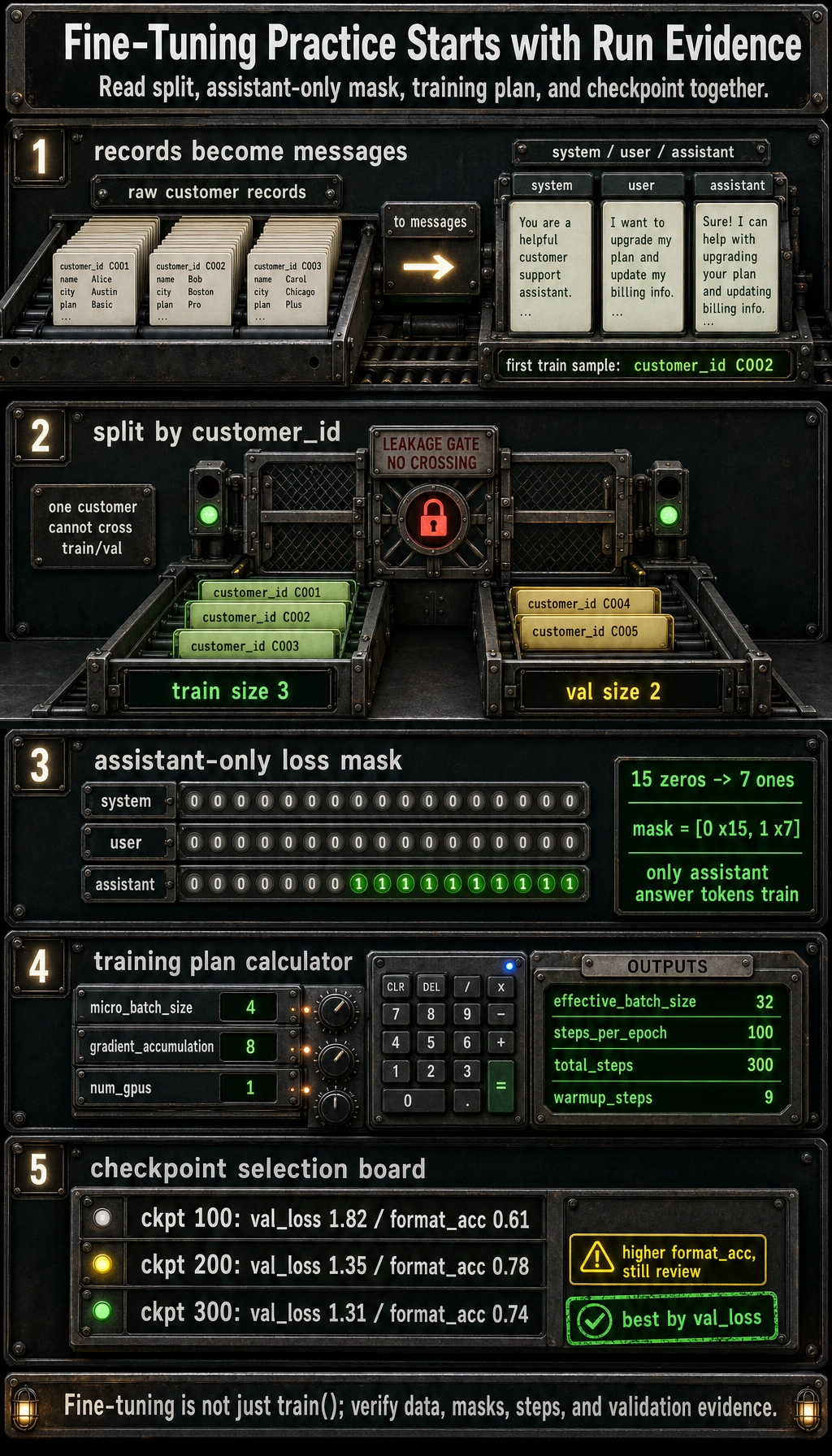 Fine-tuning run evidence board showing data splitting, assistant-only loss mask, training plan outputs, and checkpoint selection