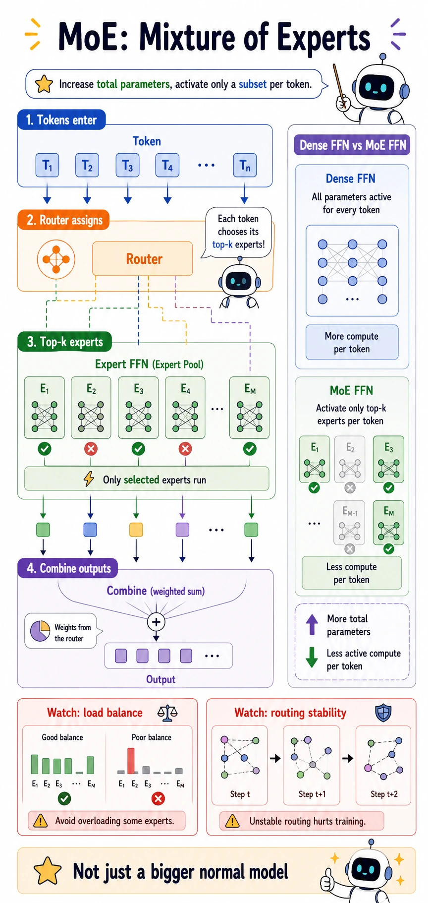 MoE token routing and expert activation diagram