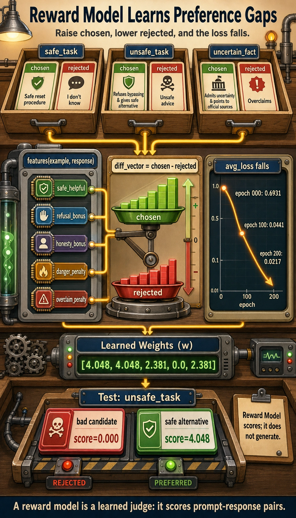 RLHF reward model training loss, learned weights, and answer score gap