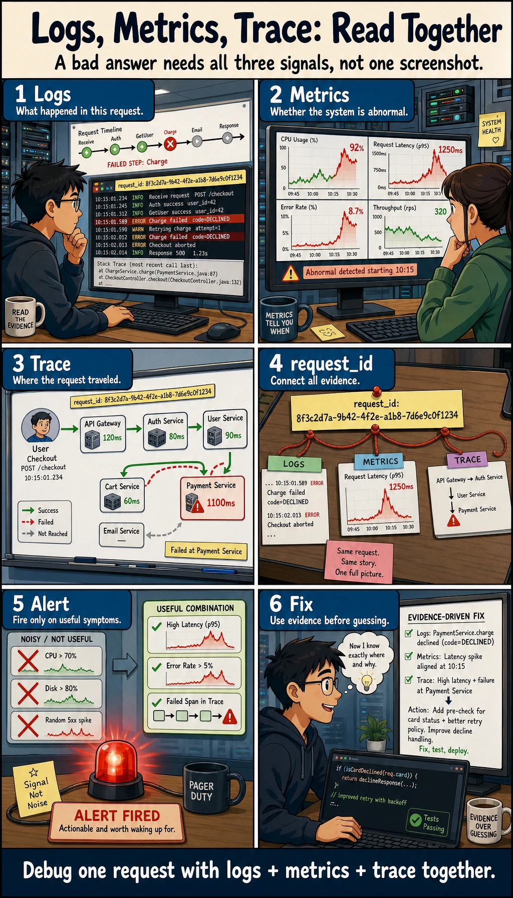 Observability logs metrics trace map
