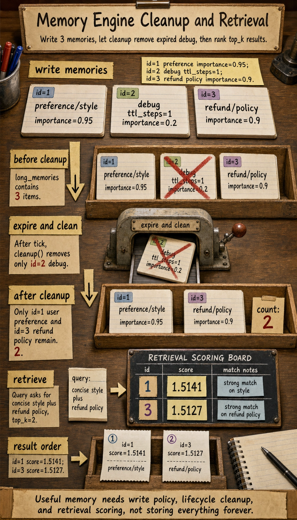 Memory engine cleanup and retrieval result map