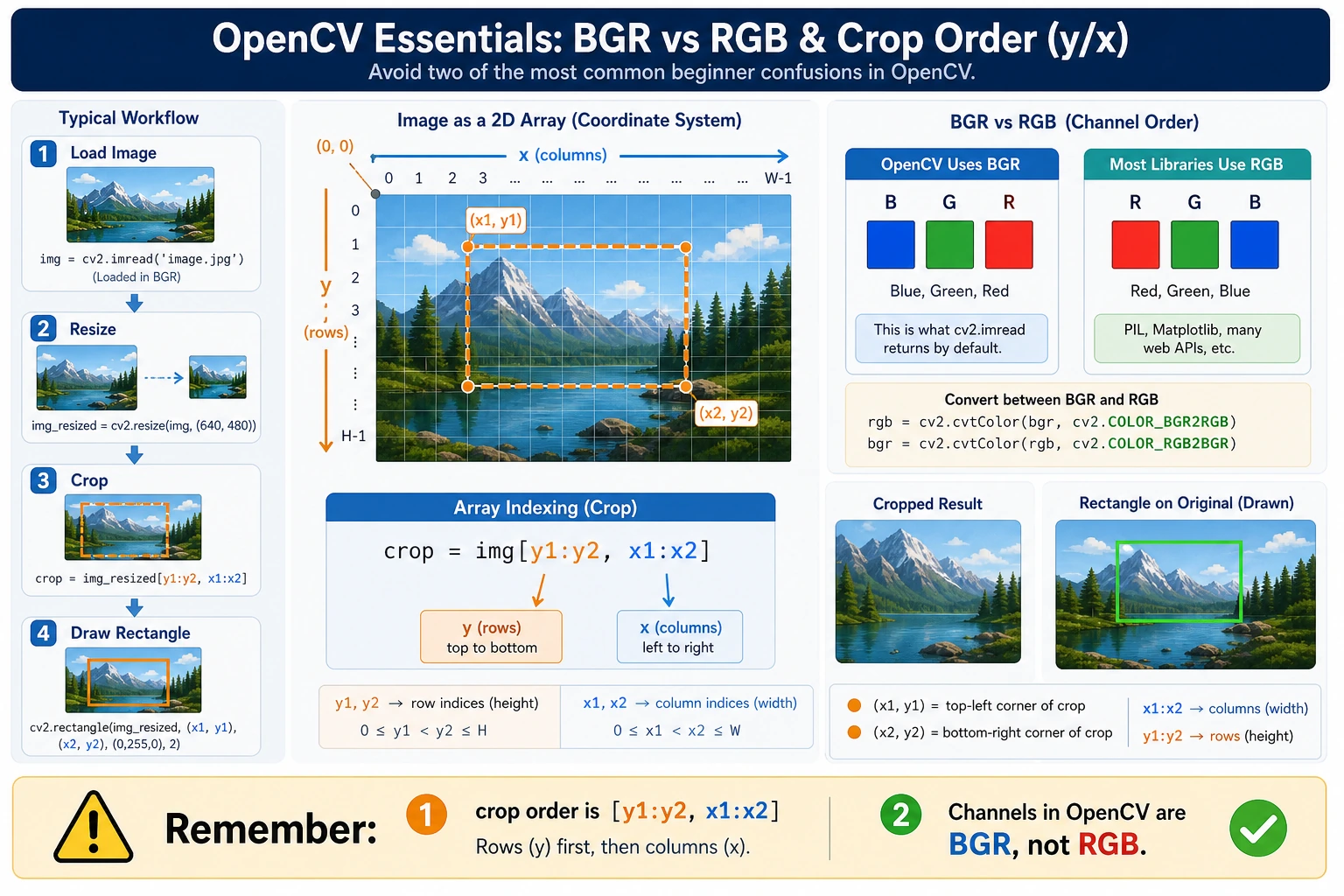 OpenCV BGR, coordinates, and crop order diagram