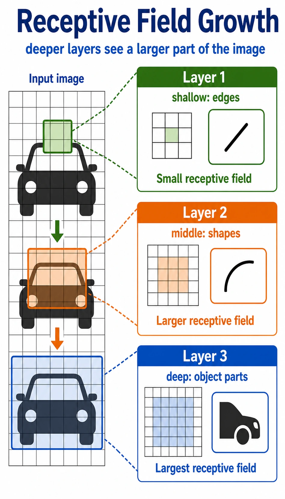 CNN receptive field grows layer by layer feature combination diagram