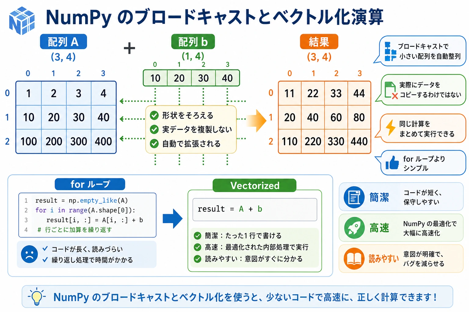 NumPy のブロードキャストとベクトル化演算の図