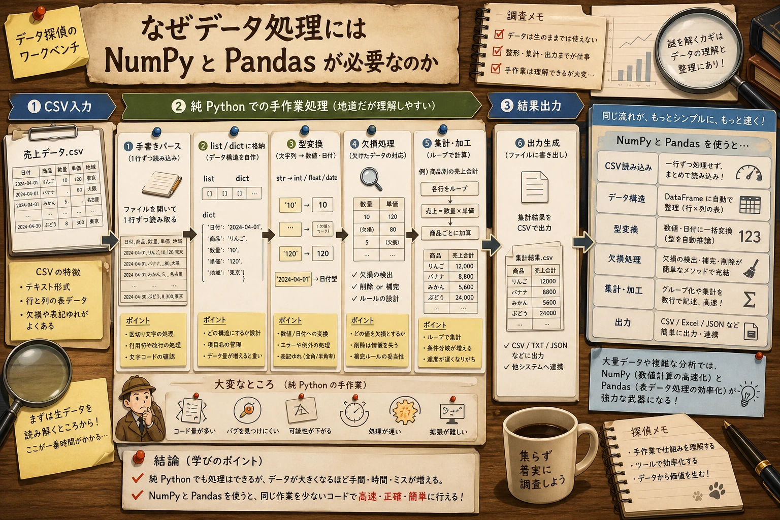 純 Python データ処理のつまずきポイント図