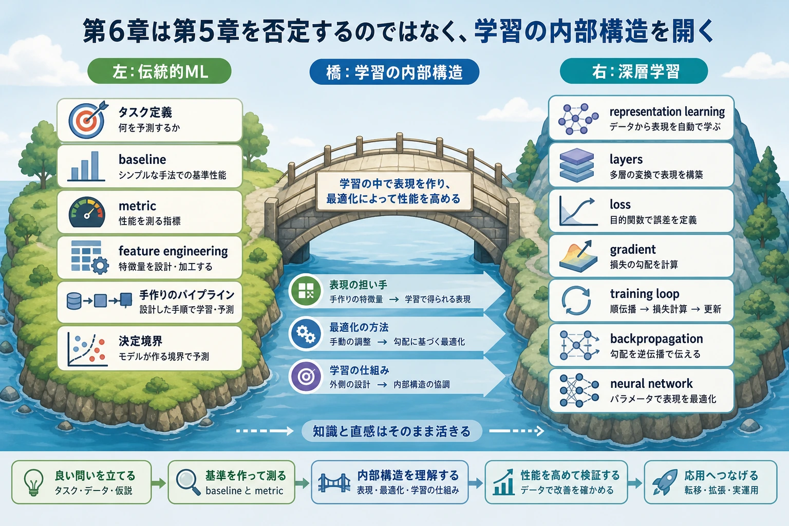 機械学習から深層学習への橋渡し図