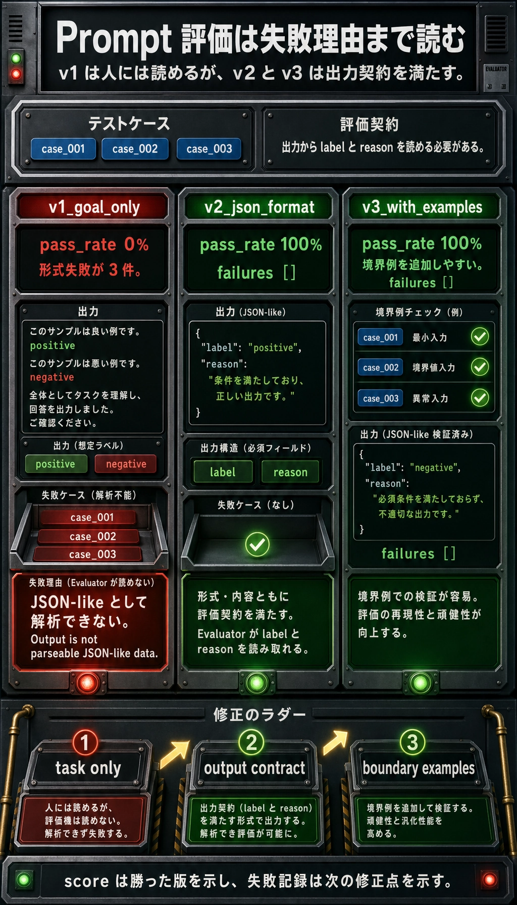 Prompt 評価バージョンの合格率と失敗理由の結果図
