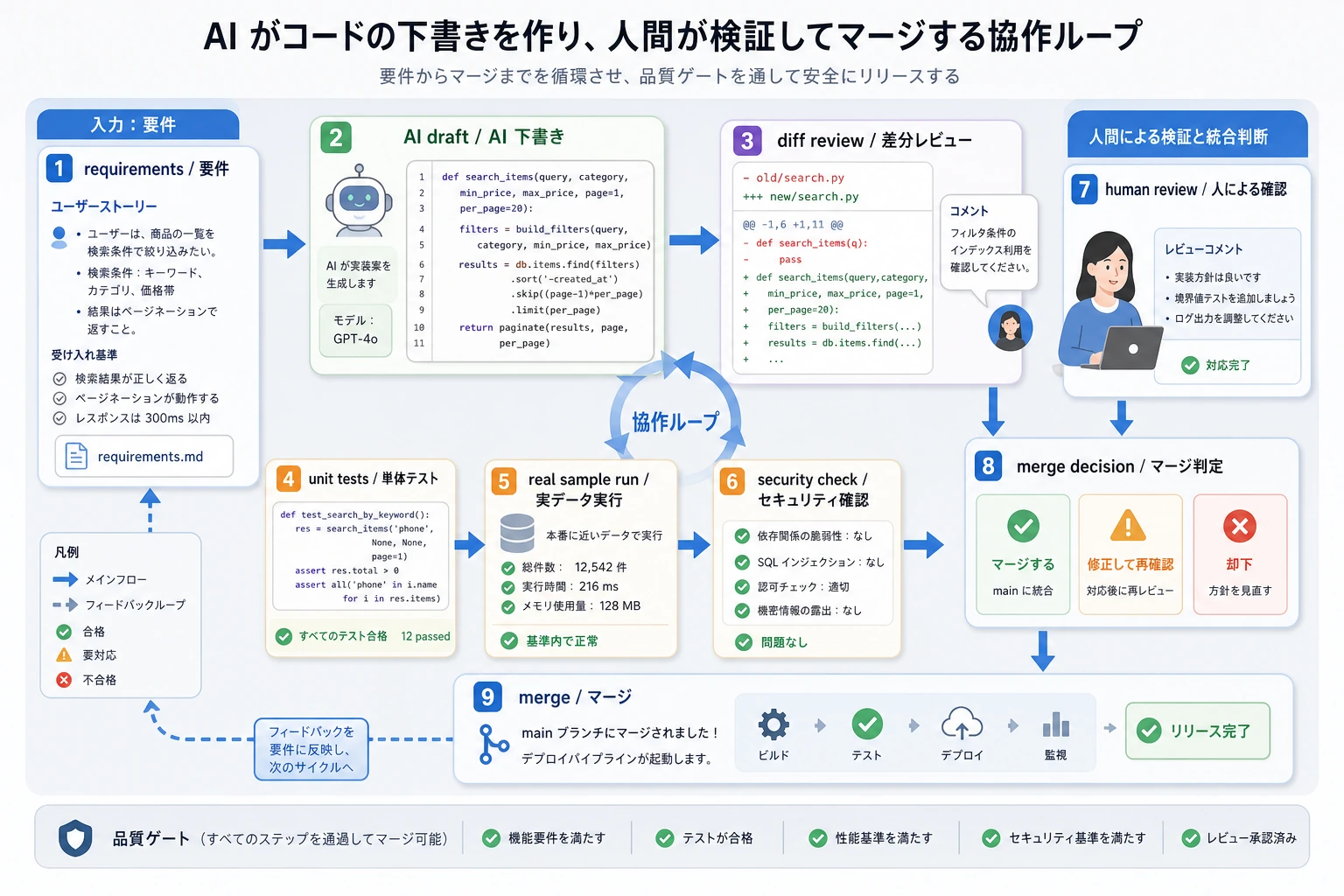 AI 支援コーディングの人による検証ループ図