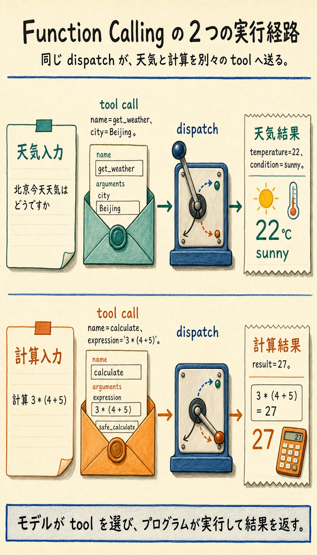 Function Calling の天気と計算機の実行結果図