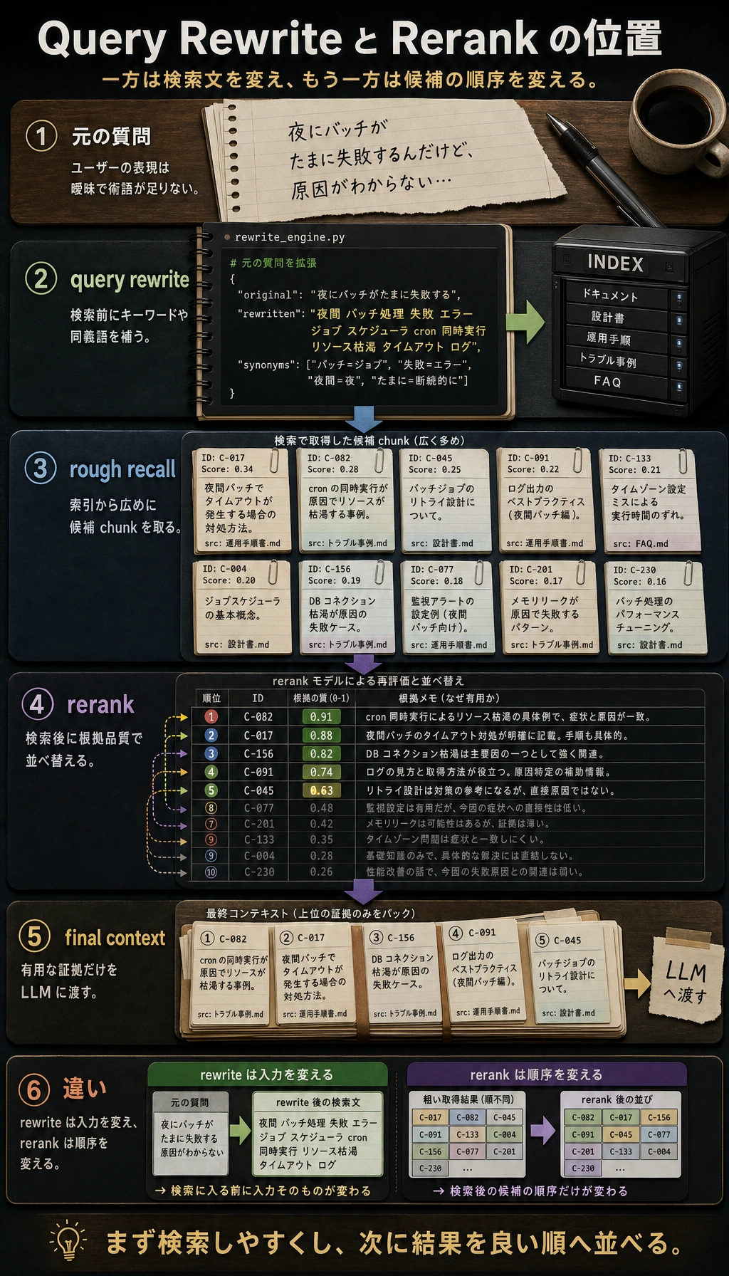 Query Rewrite と Rerank の二段階ファネル図