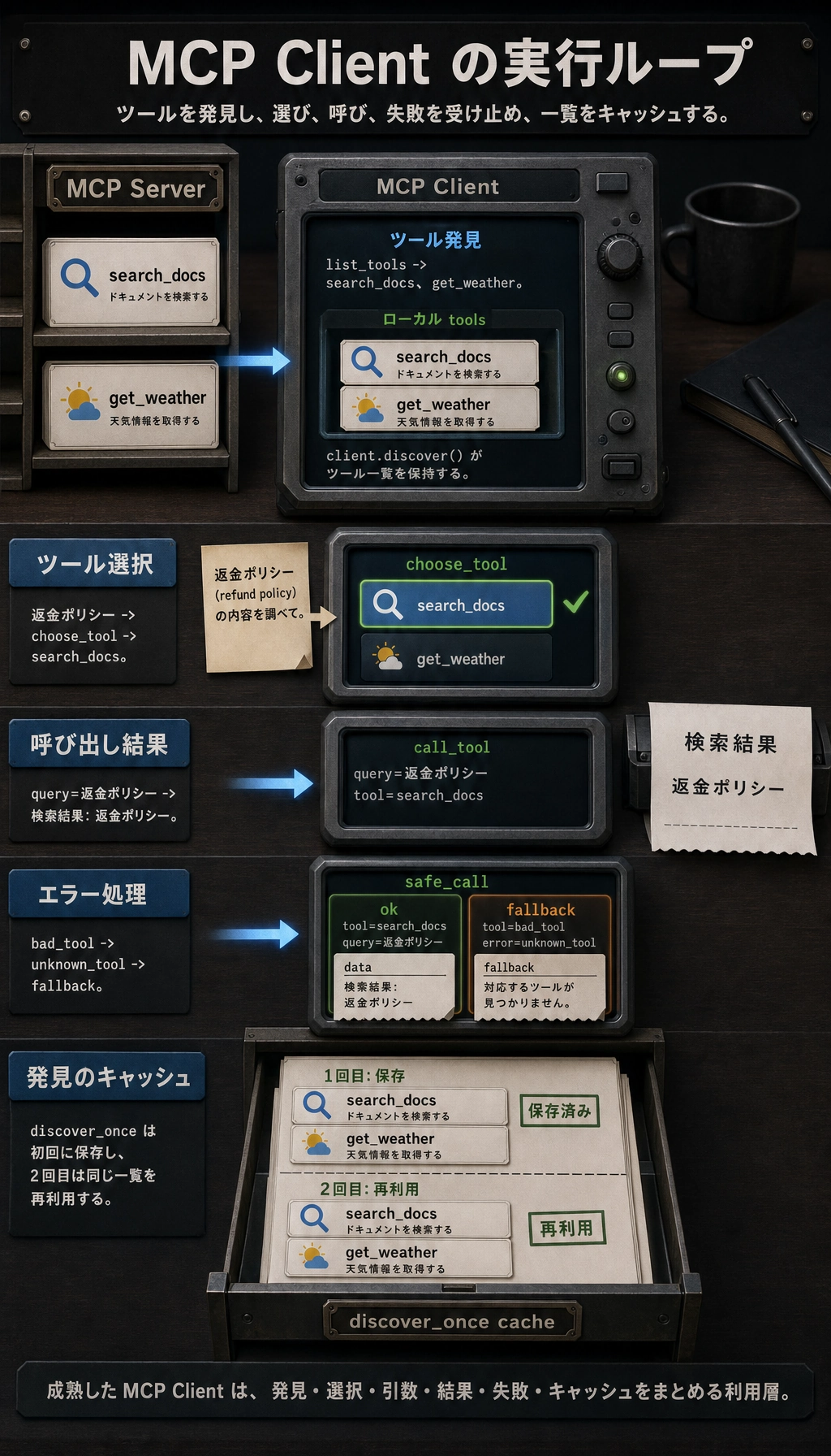 MCP Client の発見、呼び出し、キャッシュ結果図