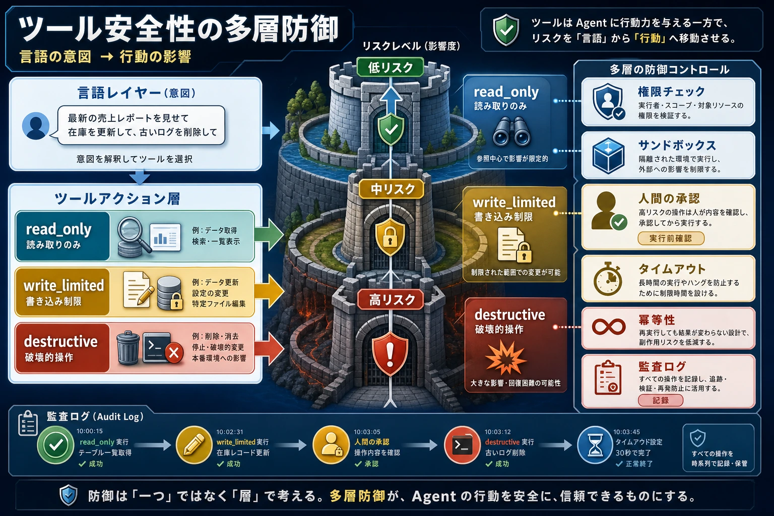 ツールの安全性、権限、サンドボックス、監査の図