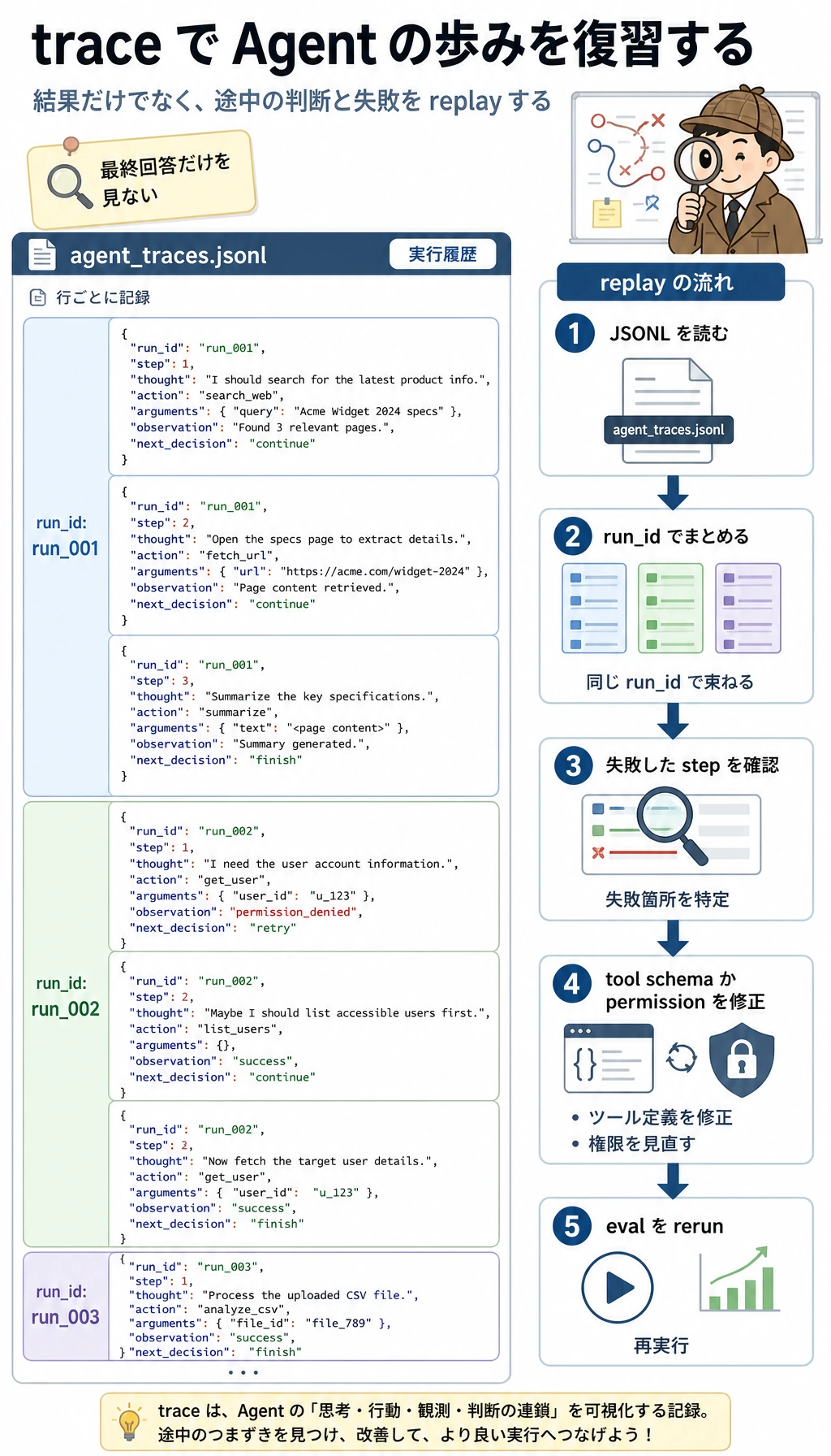 Agent ワークショップ Trace JSONL 復習図
