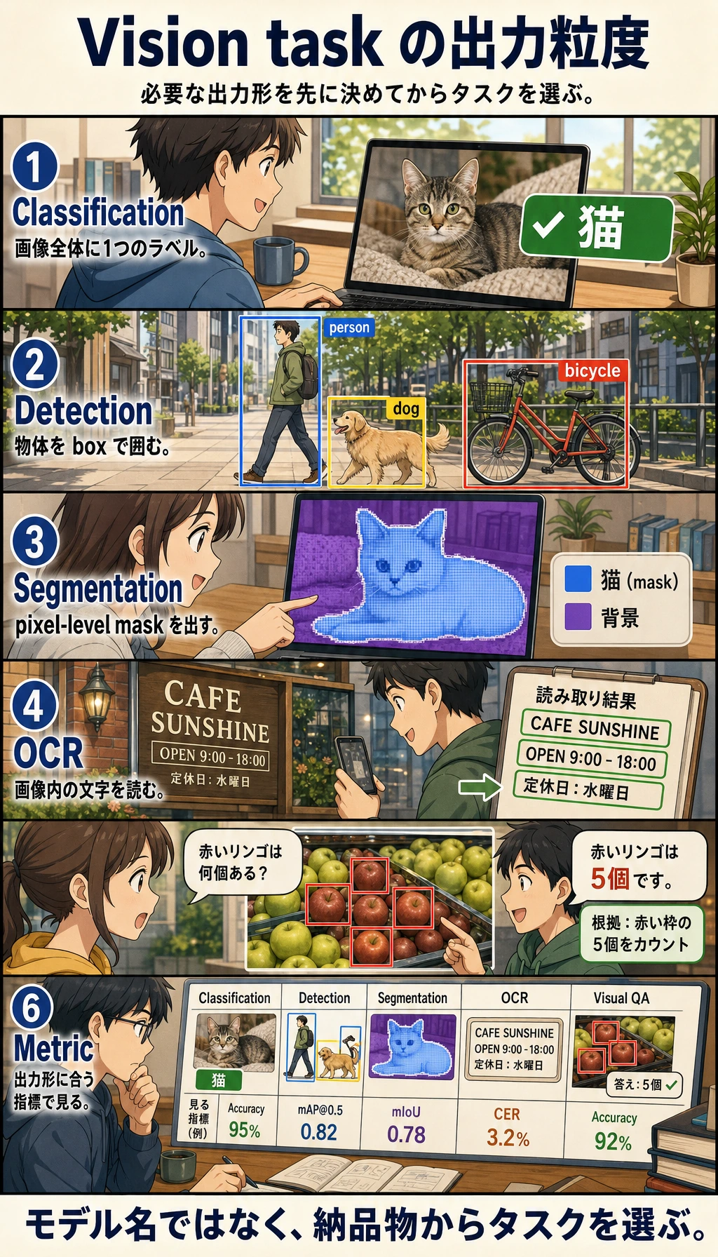 視覚タスク出力粒度の階段