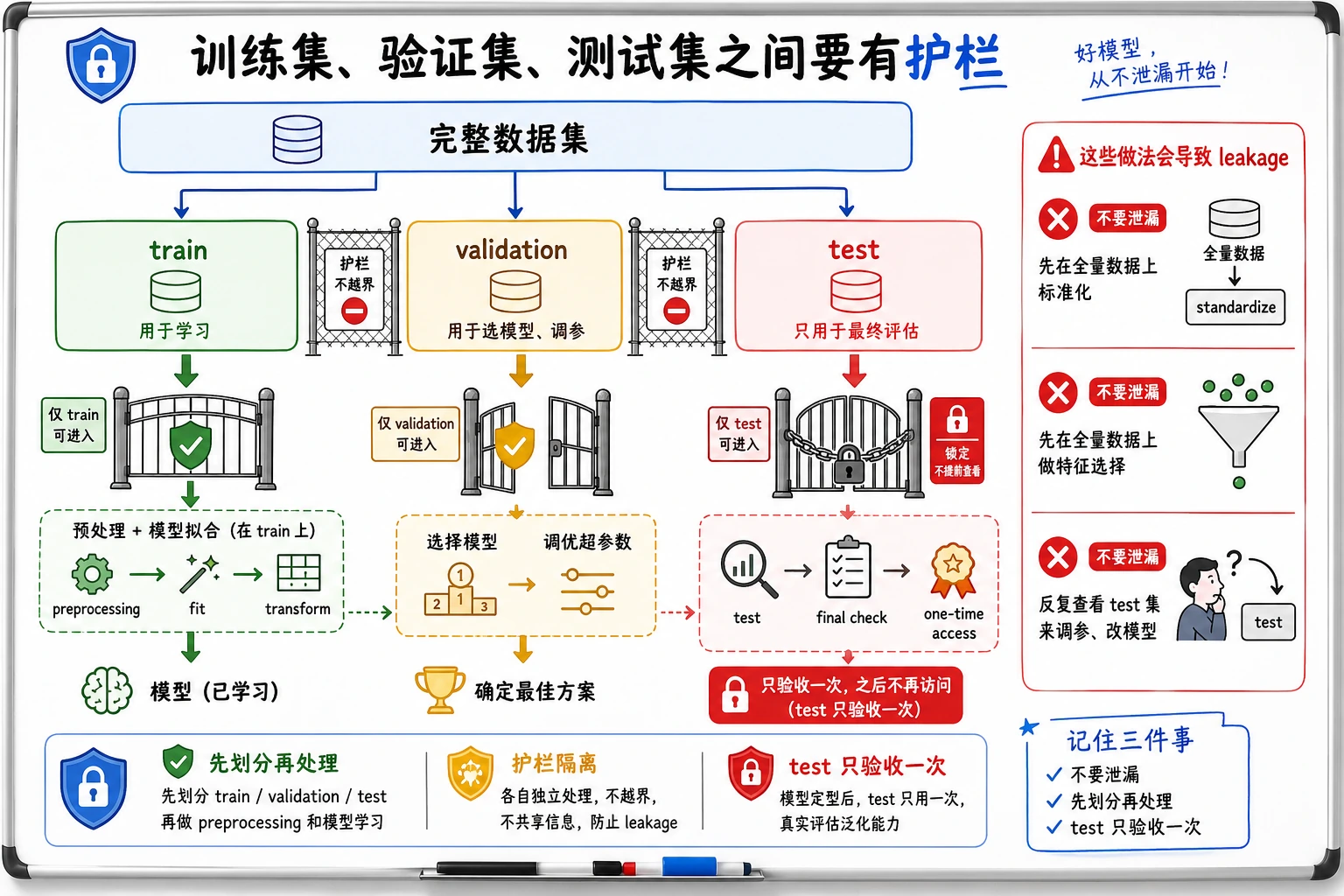 训练验证测试与数据泄漏护栏图