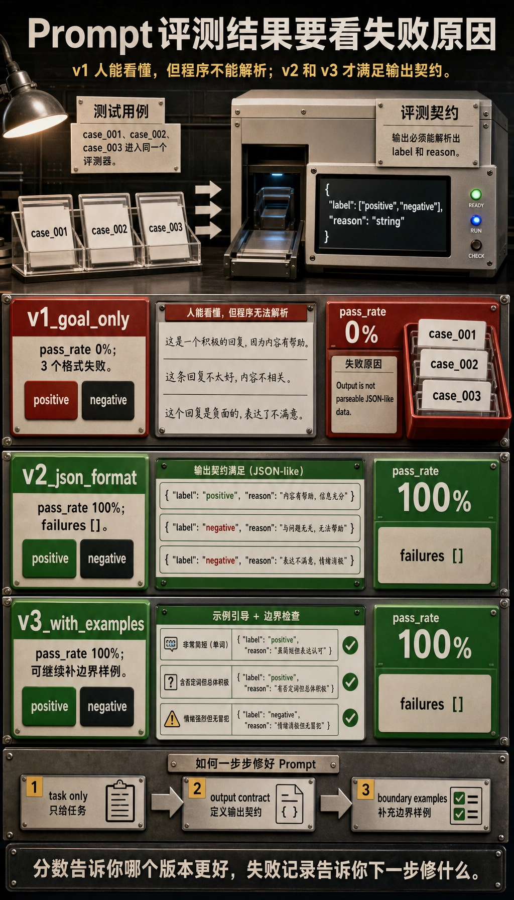 Prompt 评测版本通过率与失败原因结果图