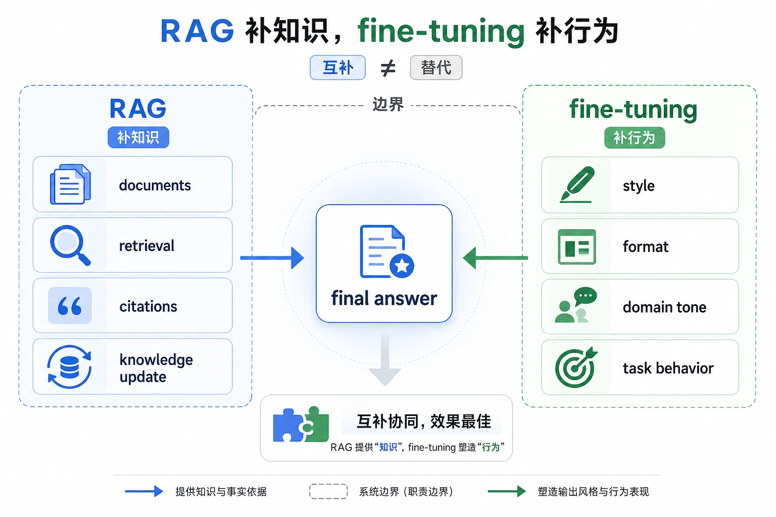 RAG 与微调职责拆分图