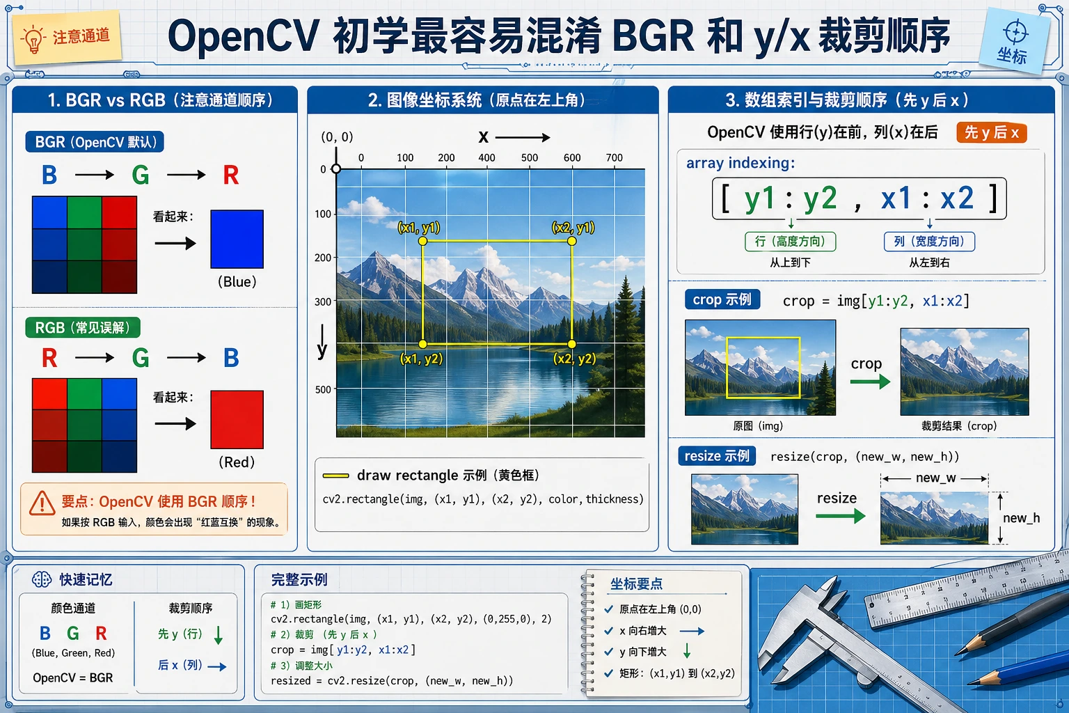 OpenCV BGR、坐标与裁剪顺序图