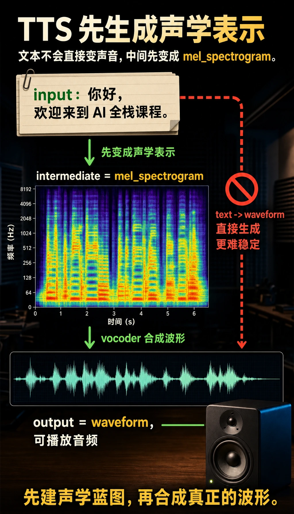 TTS 文本到 mel_spectrogram 再到 waveform 的运行结果图