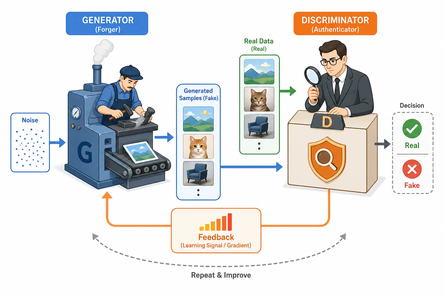 GAN 生成器与判别器对抗图